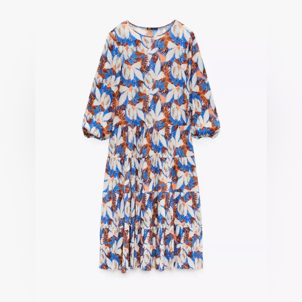 ZARA Pleated Floral Flowy Maxi Dress Blue Brown Size Small Long Sleeve Fall